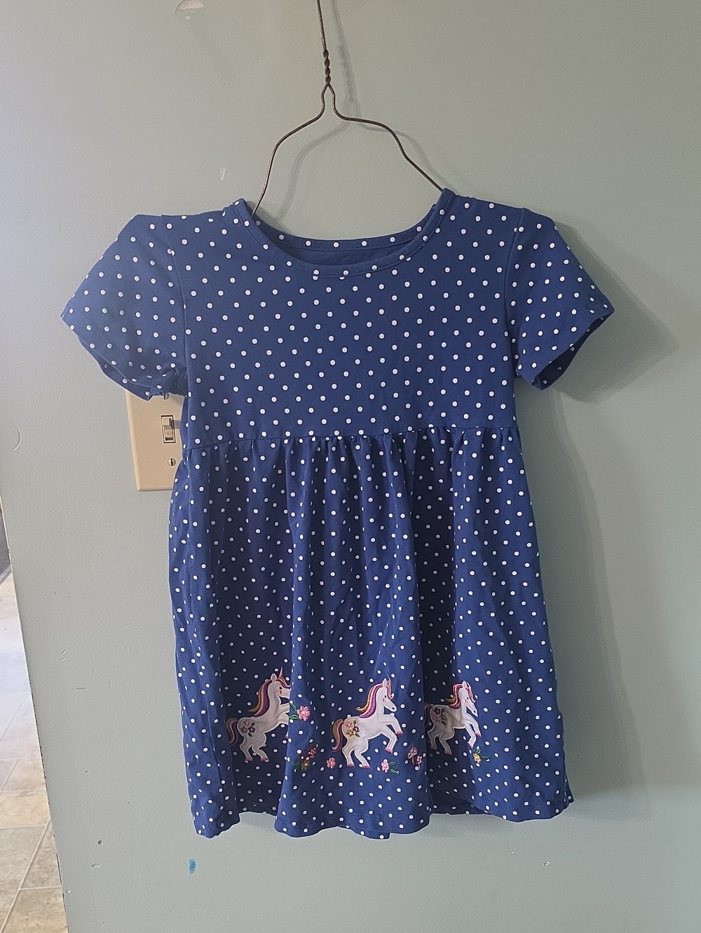 Girls Navy Polka Dot Unicorn A-Line Dress